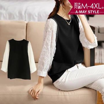 加大碼上衣-溫婉氣質撞色拼接緹花袖上衣(M-4XL)【XML22S46】＊艾美時尚(現+預)