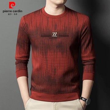 皮爾卡丹秋季男士圓領衛衣時尚中青年修身提花上衣長袖T恤打底衫