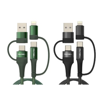 POLYWELL 四合一PD編織快充線 USB-A+C+Lightning 1米~2米 適用安卓蘋果