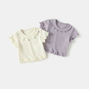 Mini baby🌷韓版女童短袖T恤夏裝兒童甜美圓領打底衫女寶寶刺繡上衣夏季