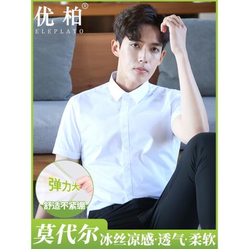 (免運)莫代爾冰絲白襯衫男短袖夏季新款工裝免燙彈力商務職業工作服襯衣
