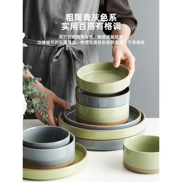 日式粗陶碗碟套裝家用陶瓷吃飯碗單個深盤平盤創意餐具碗盤子菜盤