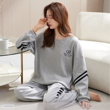 成套睡衣【棉柔舒適】慵懶灰調 華夫格圓領寬版長袖長褲 居家服 7109