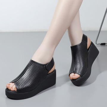 2024春夏新款厚底涼鞋女真皮時尚高跟魚嘴鞋女士防滑坡跟大碼女鞋