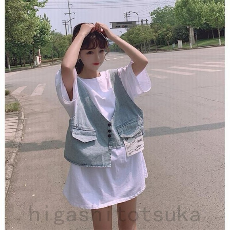 Tシャツ レディース 半袖 レイヤード ベスト ゆったり 大きいサイズ カットソー トップス ワンピース 着痩せ カジュアル 重ね着 秋 夏 通販 Lineポイント最大get Lineショッピング