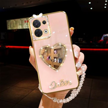 適用OPPO Reno8手機殼pro鑲鉆愛心皇冠女王QUEEN補妝鏡PRO+水晶鏈子全包鏡頭框PFZM10新款防摔PGBM10套PGAM10