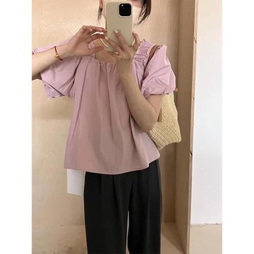 粉色燈籠袖襯衫女夏季2026年新款襯衣別致法式短款上衣設計感小眾