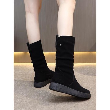 厚底防滑磨砂高靴女真皮冬季加絨中筒靴坡跟雪地靴保暖棉鞋馬丁靴