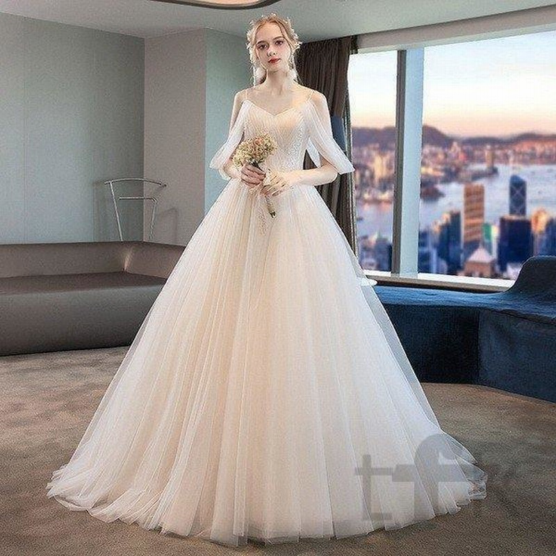 ウェディングドレス Aライン 長袖 Vネック ロングドレス 結婚式 披露宴