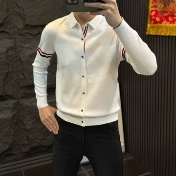 2024秋冬新款男士撞色条纹翻领针织衫韩版修身时尚长袖毛衣打底衫毛線衣針織毛衣針織衫