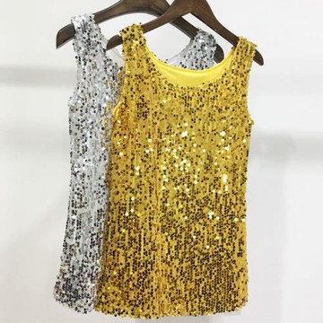 歐美圓領寬松閃亮片吊帶背心夜店ktv舞臺表演服女裝加肥大碼上衣