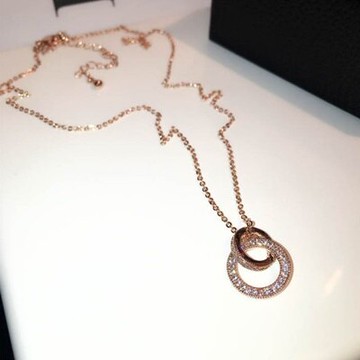 玫瑰金純銀項鍊 吊墜-時尚鑲鑽環環相扣生日情人節禮物女飾品2色73jp22【獨家進口】【米蘭精品】