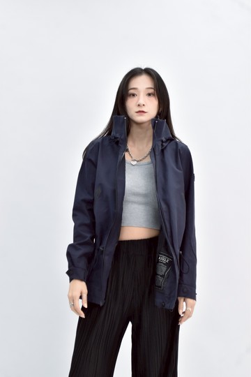 (L) aigle 棉質連帽防水拉鍊藍色外套