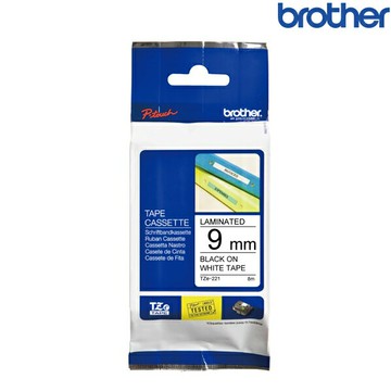 Brother兄弟 TZe-221 白底黑字 標籤帶 標準黏性護貝系列 (寬度9mm) 標籤貼紙 色帶