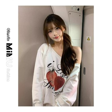 【MIMU】無帽印花寬鬆斜領衣 設計感寬鬆秋季衛衣 【斜領】曼巴棉300克 印花長袖寬鬆套頭衛衣女