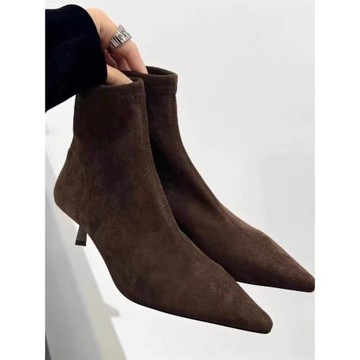 TLE MIKELIN復古洋氣美拉德法式尖頭細中跟彈力瘦瘦絨面騎士短靴