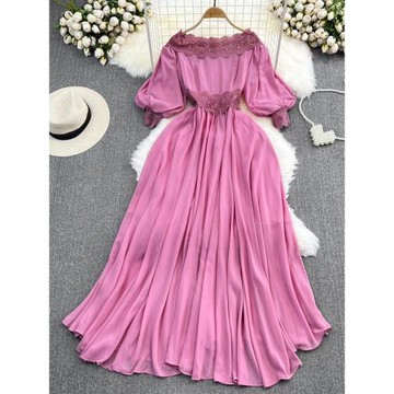 高級感氣質燈籠袖一字肩露肩收腰顯瘦a字不規則連衣裙優雅長裙子