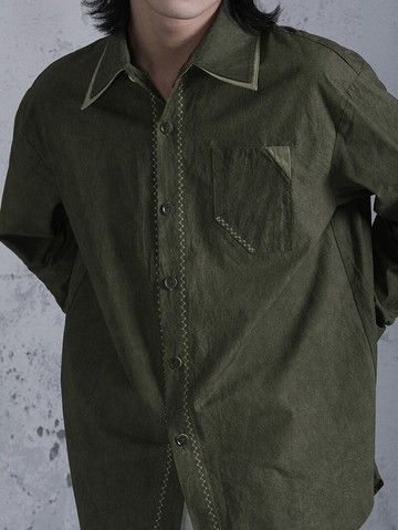 復古中性 墨綠扎染長袖襯衫