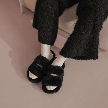 仿兔絨毛雙槓拖鞋-黑【KS30168】