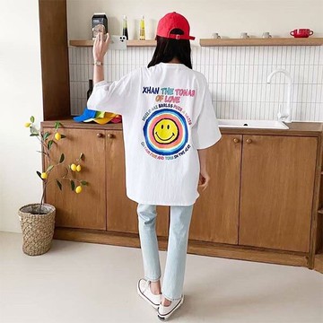 ANNAS 正韓 笑臉 短袖 上衣 棉T 短T 潮流 休閒 寬鬆 長版 印花 螢光 韓國