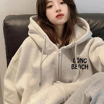 美式設計感衛衣女寬鬆秋冬季拉鍊外套加絨加厚連帽百搭外套上衣潮 衛衣 帽t 大學t 套頭衛衣 上衣 連帽衛衣 長袖上衣