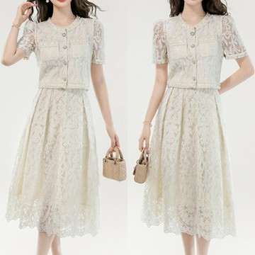現貨+預購 女長洋裝長裙高級短洋裝法式連身裙蕾絲連衣裙-三分袖小香風兩件套女裙子74lu6【獨家進口】【米蘭精品】