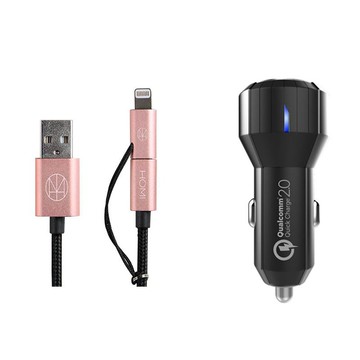 快充 QC2.0 車用充電器+蘋果認證 Lightning & Micro USB To USB Cable 傳輸充電線-顏色任選 組合 贈真皮捲線器(駝) 傳輸線-金