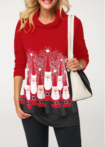 Long Sleeve Santa Claus Print Red T Shirt