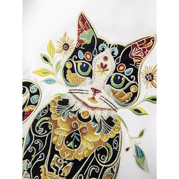 潮牌夏裝高級感重工動物貓刺繡純棉短袖t恤男士寬松嘻哈圓領半袖