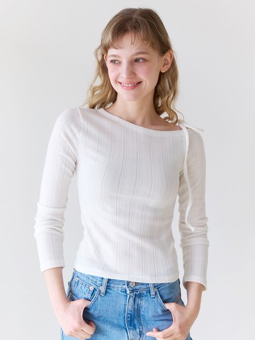 緞帶削肩長袖T恤_ 象牙白