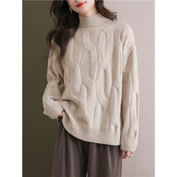 半高領麻花毛衣女款2025新款秋冬加厚大碼寬松套頭粗線針織打底衫