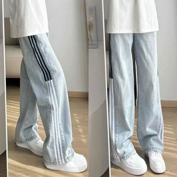 美式復古三條槓牛仔褲男款夏季條紋拼接水洗寬鬆直筒闊腿休閒長褲休閒長褲男 男生運動褲 衛褲男 百搭