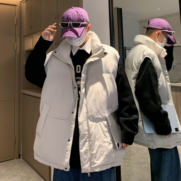 秋冬新款簡約百搭保曖立領棉服馬甲男寬鬆無袖上衣男