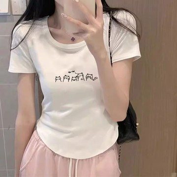 胖胖美依 短袖T卹 上衣 短版上衣 印花上衣 小衫 S-XL新款下擺孤形辣妹純欲風小個子短款上衣-4222.
