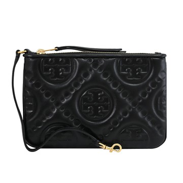 TORY BURCH 156729 壓紋LOGO拉鍊手提萬用包.黑