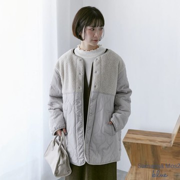 Samansa Mos2 blue 2WAY正反兩穿異素材拼接波浪紋無領外套