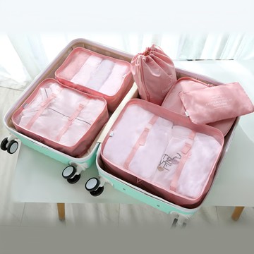 E.City 日系質感加厚帶卡扣防潑水旅行收納六件組 粉色 380g  衣物袋L(42 x  32 x  12cm) + 衣物袋M(34 x  28 x  12cm) + 衣物袋S(32 x  23 x  12cm) + 內衣包(28 x  20 x  12cm) + 束口袋(3