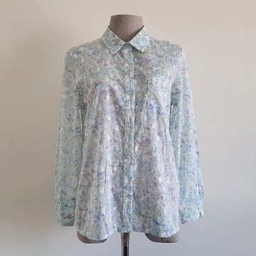 復古風 藍綠白碎花長袖棉質襯衫 女款 XS