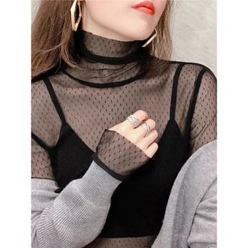 黑色波點高領網紗打底衫女秋冬長袖毛衣內搭透明紗衣洋氣蕾絲上衣