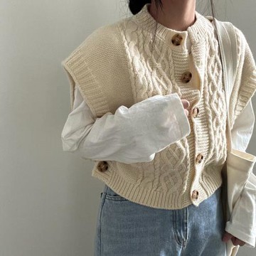 法式復古麻花針織毛衣背心馬甲女秋冬款短款開衫無袖外套外搭上衣