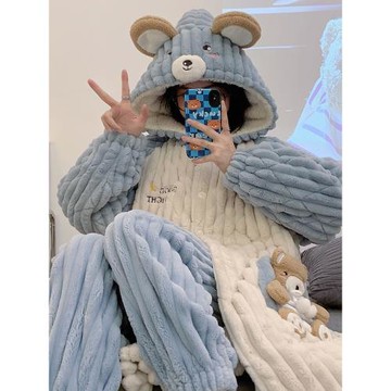 秋冬季珊瑚絨睡衣女三層夾棉襖長款睡袍加厚加絨法蘭絨家居服套裝