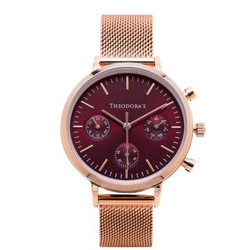 Apollo 中性三眼金屬腕錶[小錶面] 三眼酒紅-米蘭玫金