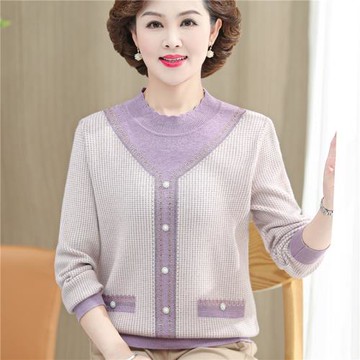 媽媽秋裝小衫中老年女秋冬針織衫打底衫外穿千鳥格50歲40減齡上衣