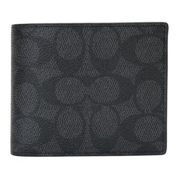 COACH-防刮 LOGO皮革8卡透明夾層對折短夾(黑灰)