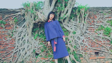 肌裏竹節花柄玫紅拼布//綁花裙