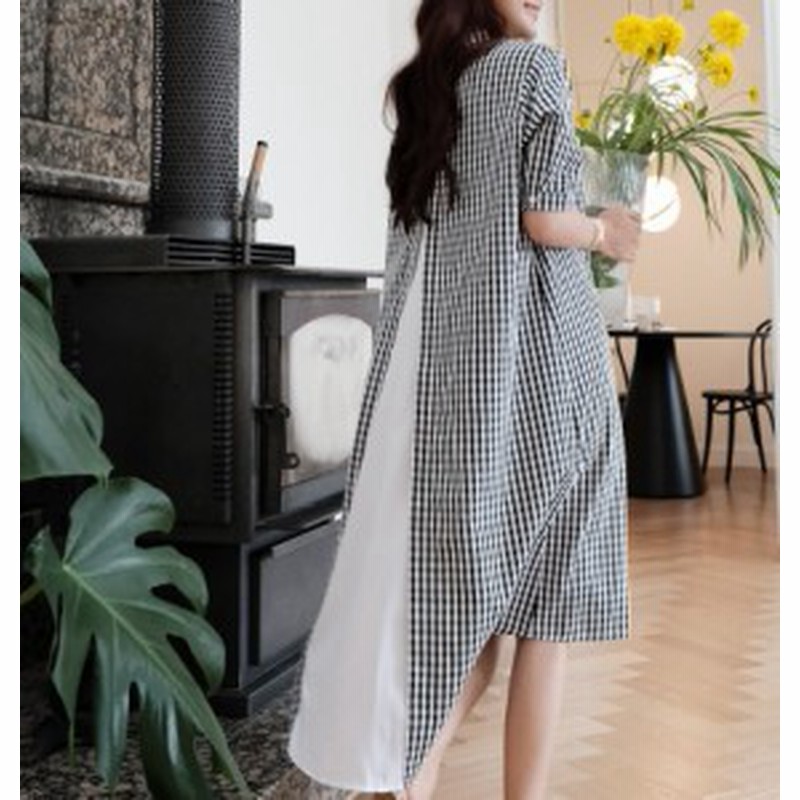 ワンピース 綿 ポリエステル ロング丈 5分袖 代 白 黒 チェック柄 テールカット 襟付き レディース カジュアル オールインワン 春夏 通販 Lineポイント最大1 0 Get Lineショッピング