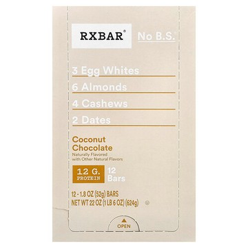 RXBAR, 蛋白棒，椰子巧克力，12 根，每根 1.8 盎司（52 克）