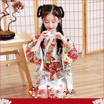 日式女童和服 復古印花小女孩睡袍蝴蝶結腰帶浴衣套裝｜黑色櫻花｜水水女人國
