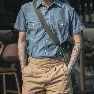 夏季新品 NON STOCK 美式復古青年布短袖工裝襯衫 男士薄牛仔襯衣