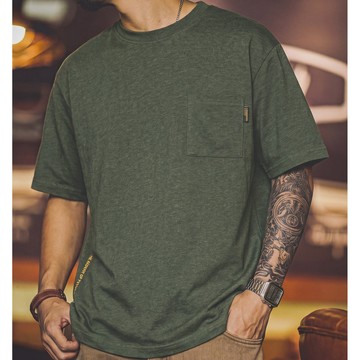 Wuluwear 美式復古純棉短袖T恤男夏季新款寬鬆大尺碼圓領短袖口袋刺繡上衣潮